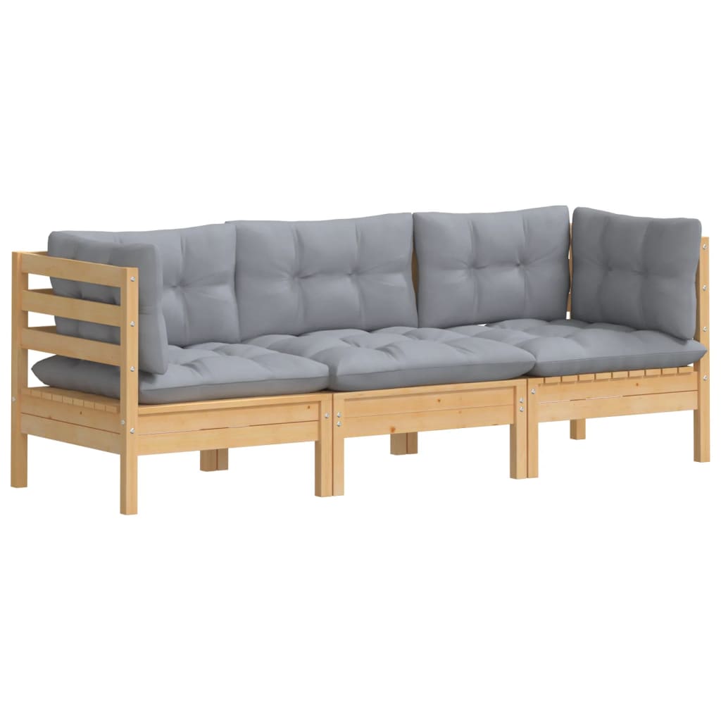 NNEVL 3-Seater Garden Sofa with Grey Cushions Solid Pinewood