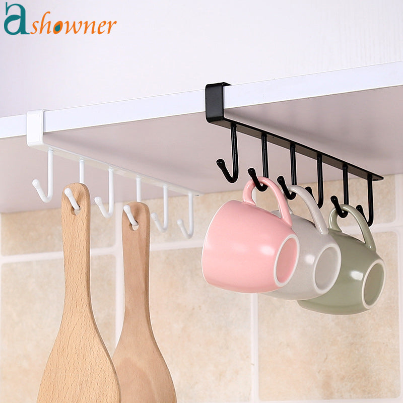 NNEOBA Iron 6 Hooks Storage Shelf Wardrobe Cabinet Metal Under Shelves Mug Cup Hanger Bathroom Kitchen Organizer Hanging Rack Holder