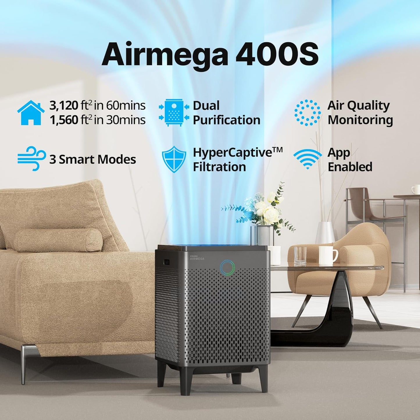 Airmega 400S App-Enabled True HEPA Air Purifier with Smart Technology, Compatible with Amazon Alexa and Google Home, (Covers 1,560 Sq. Ft.), (Graphite)