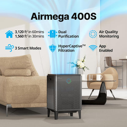 Airmega 400S App-Enabled True HEPA Air Purifier with Smart Technology, Compatible with Amazon Alexa and Google Home, (Covers 1,560 Sq. Ft.), (Graphite)
