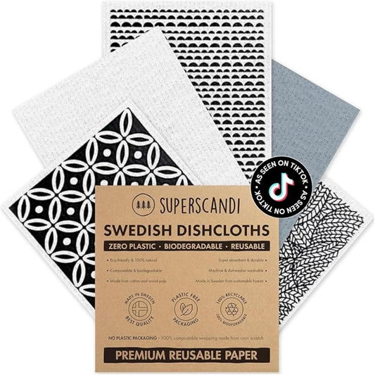 Swedish Dishcloths for Kitchen Eco Friendly Reusable Sustainable Biodegradable Cellulose Sponge Swedish Dish Cloths Dish Rags Washing Wipes Paper Towel Replacement (5 Pack Scandi Prints)