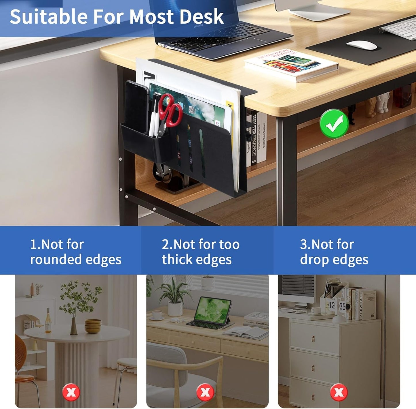 CARLA HOME Under Desk Side Laptop Holder Storage with No Drill Cable Management Tray and Pen Storage for Office and Home