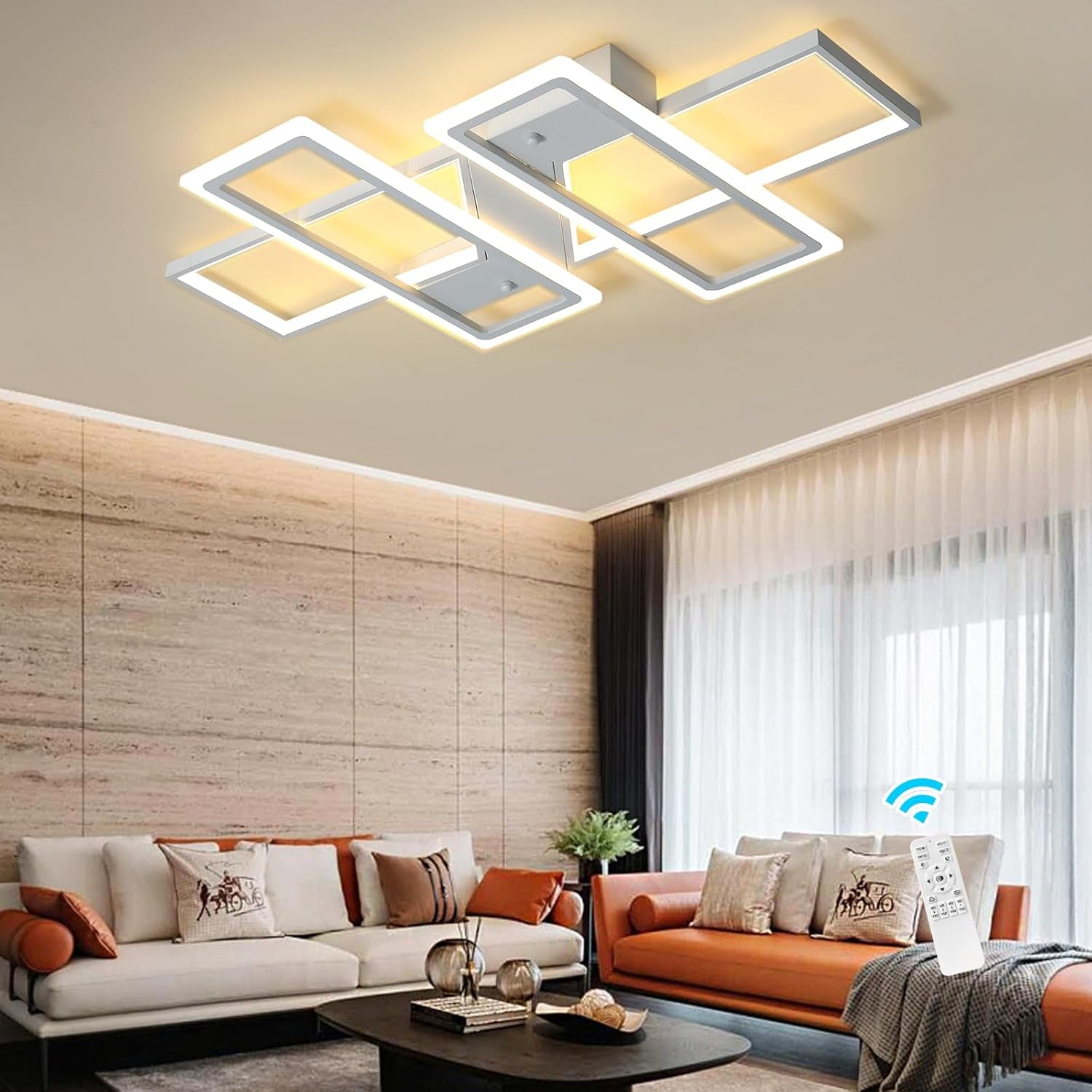 Dimmable Ceiling Light,4 Squares Modern LED Ceiling Lamps with Remote Control,80W Acrylic Flush Mount Ceiling Light Fixture for Living Dining Room Bedroom Kitchen(White)