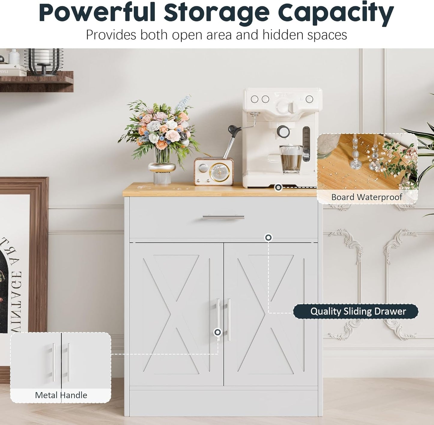 White And Yellow Kitchen Buffet Sideboard Cabinet With Large Drawer