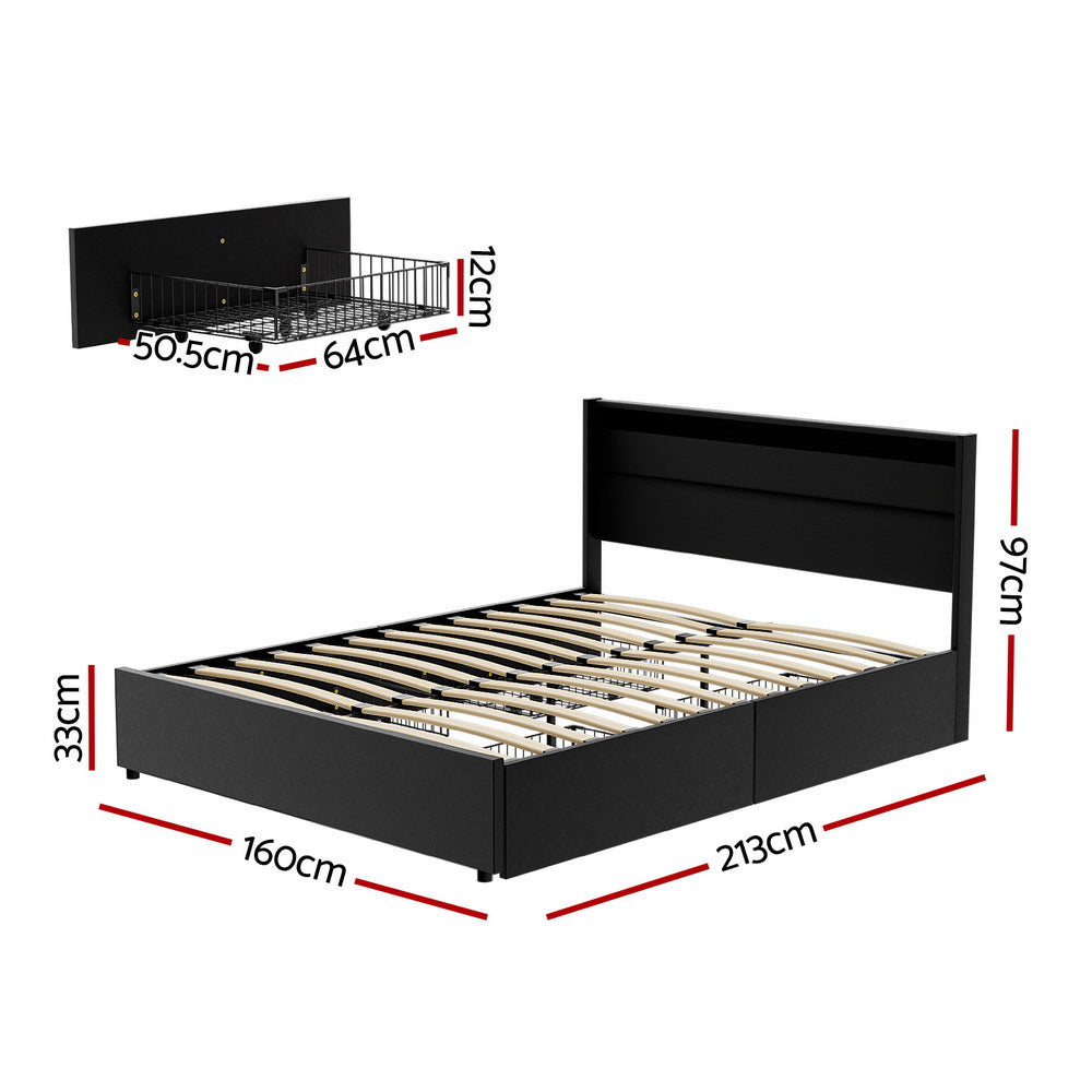 NNEDSZ Artiss Bed Frame Queen Size LED with 4 Drawers Black DUNN
