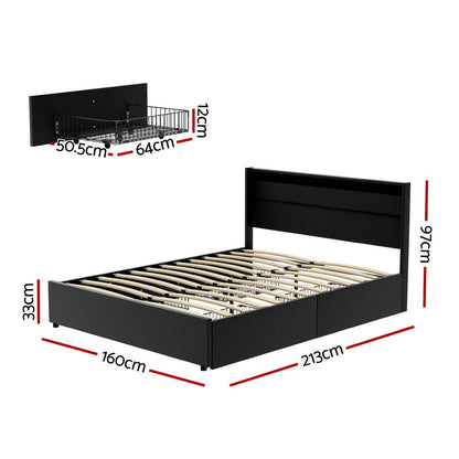 NNEDSZ Artiss Bed Frame Queen Size LED with 4 Drawers Black DUNN