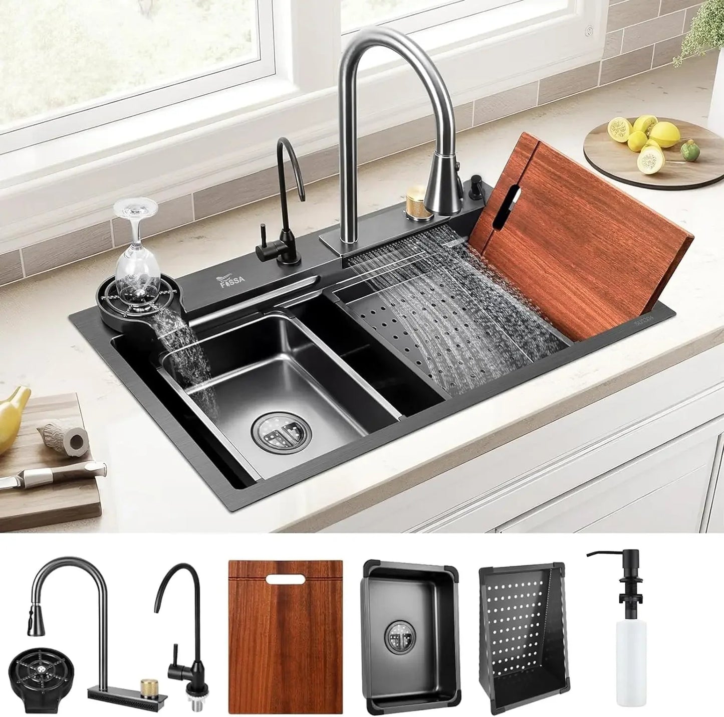 Waterfall Kitchen (32 x18 x10') Inch 304 Stainless Steel  Kitchen Sink Black