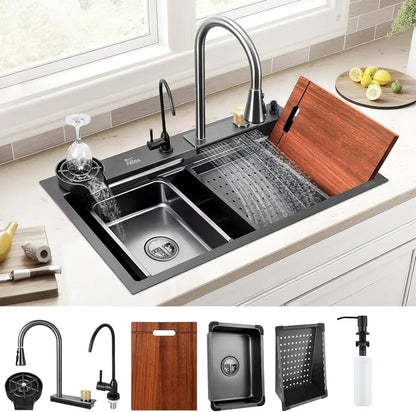Waterfall Kitchen (32 x18 x10') Inch 304 Stainless Steel  Kitchen Sink Black