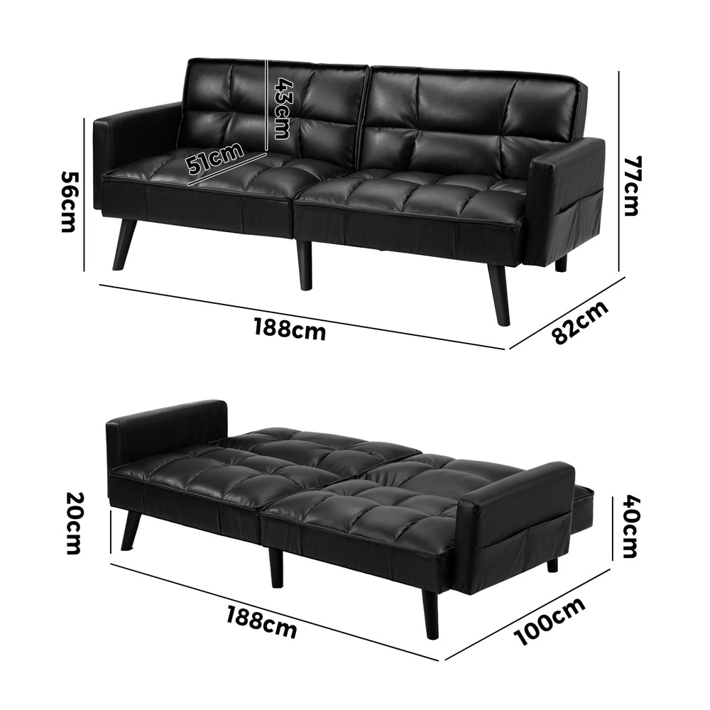 NNEED Sofa Bed Futon Convertible Leather 3-Seater Black