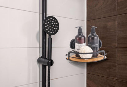 NNEDSZ 2 Pack Round Bamboo Corner Shower Caddy Shelf Basket Rack with Premium Vacuum Suction Cup No-Drilling for Bathroom and Kitchen