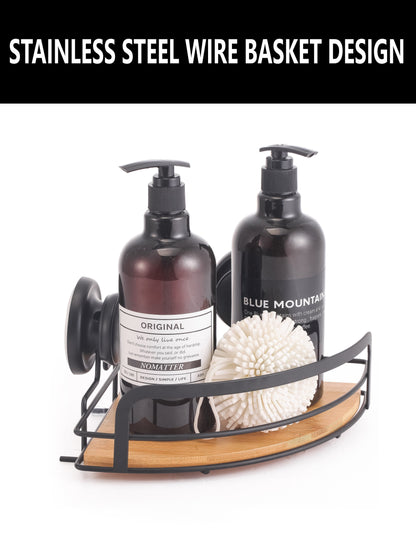 NNEDSZ 2 Pack Round Bamboo Corner Shower Caddy Shelf Basket Rack with Premium Vacuum Suction Cup No-Drilling for Bathroom and Kitchen
