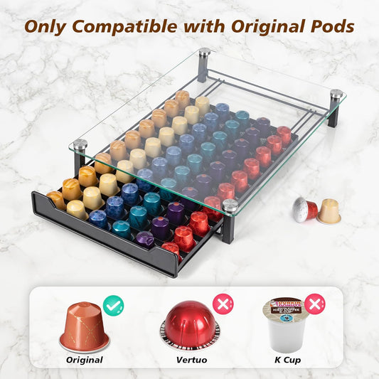CARLA HOME 60 Coffee Pod Holder Drawer with Tempered Glass Capsule Organizer for Nespresso Pods and Sliding Drawer for Kitchen Countertop