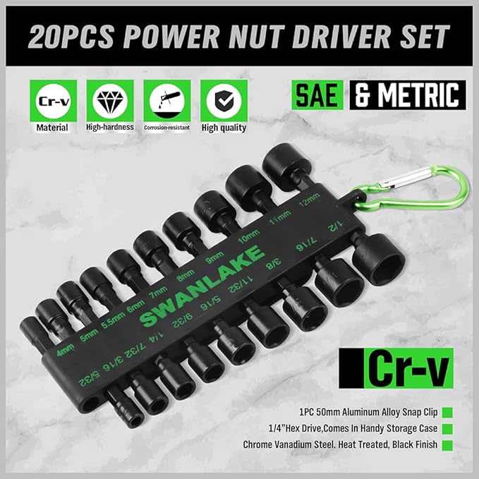 NNEDSZ GARDEN TOOLS (letter with no tracking)20PCS Power Nut Driver Set for Impact Drill, 1/4” Hex Head Drill Bit SAE and Metric