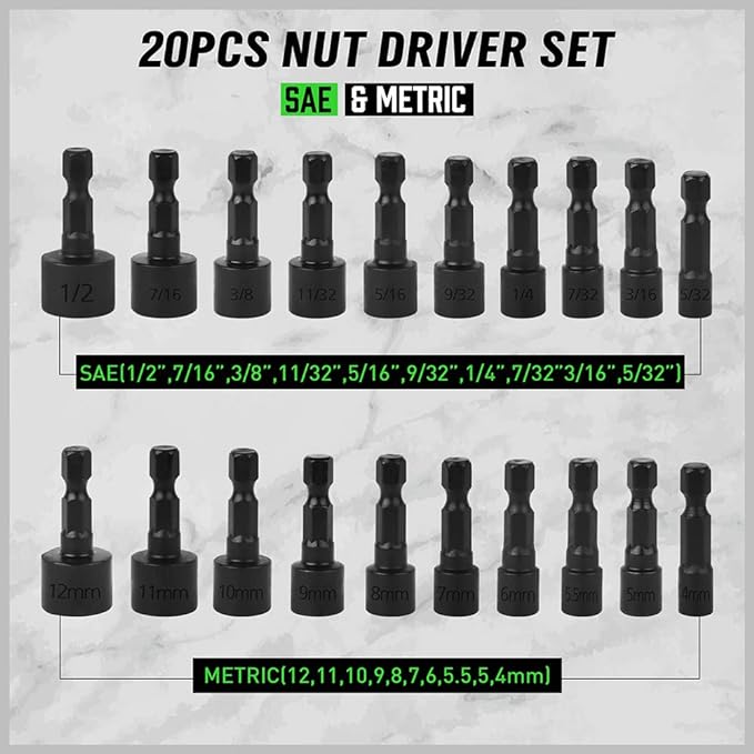 NNEDSZ GARDEN TOOLS (letter with no tracking)20PCS Power Nut Driver Set for Impact Drill, 1/4” Hex Head Drill Bit SAE and Metric