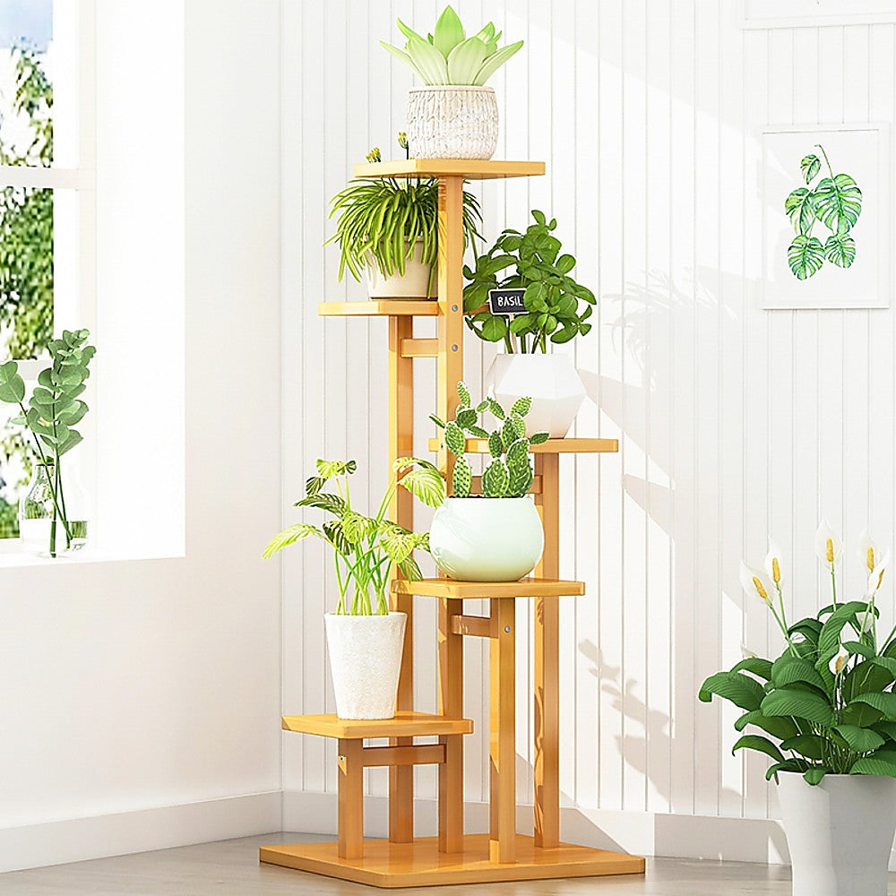 NNEDSZ 5 Tiers Vertical Bamboo Plant Stand Staged Flower Shelf Rack Outdoor Garden