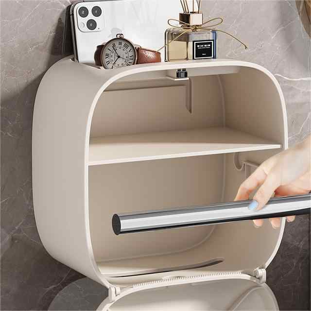 NNEDSZ Light Khaki Wall-Mounted Bathroom Tissue Box - Waterproof Paper Towel Dispenser with Storage Shelf, No-Drill Design(Tissue Box Only)