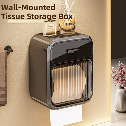 Cream White No-Drill Wall Mounted Toilet Paper Holder with Storage Shelf and Drawer - Waterproof Bathroom Tissue Dispenser for Roll & Face Tissue