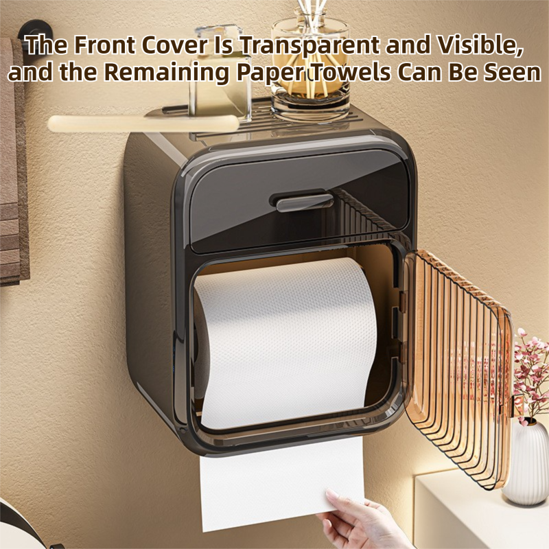 Cream White No-Drill Wall Mounted Toilet Paper Holder with Storage Shelf and Drawer - Waterproof Bathroom Tissue Dispenser for Roll & Face Tissue