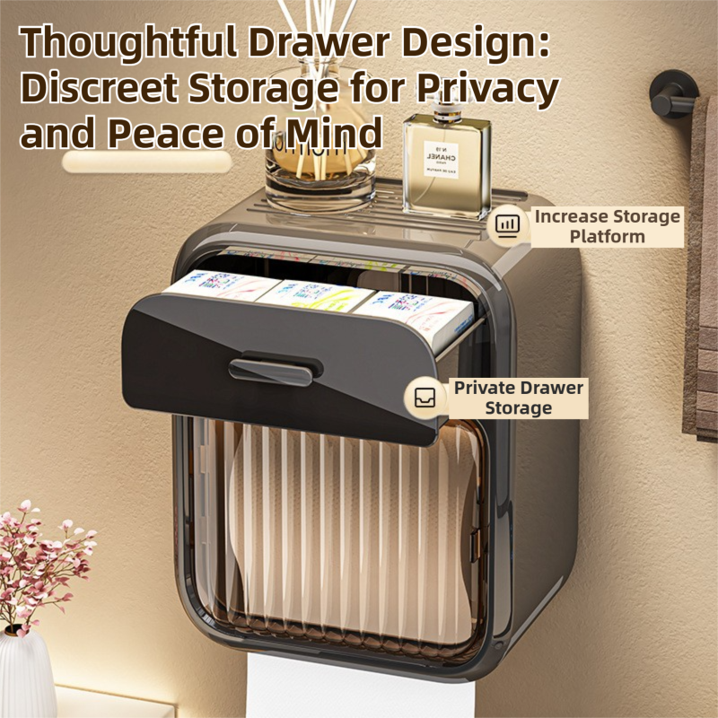 Latte No-Drill Wall Mounted Toilet Paper Holder with Storage Shelf and Drawer - Waterproof Bathroom Tissue Dispenser for Roll & Face Tissue