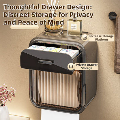 Latte No-Drill Wall Mounted Toilet Paper Holder with Storage Shelf and Drawer - Waterproof Bathroom Tissue Dispenser for Roll & Face Tissue