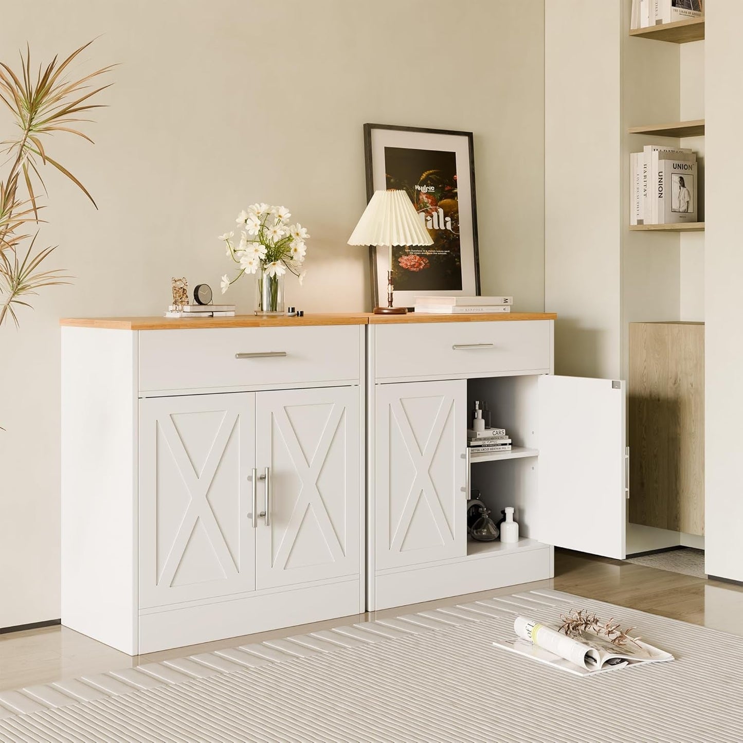 White And Yellow Kitchen Buffet Sideboard Cabinet With Large Drawer