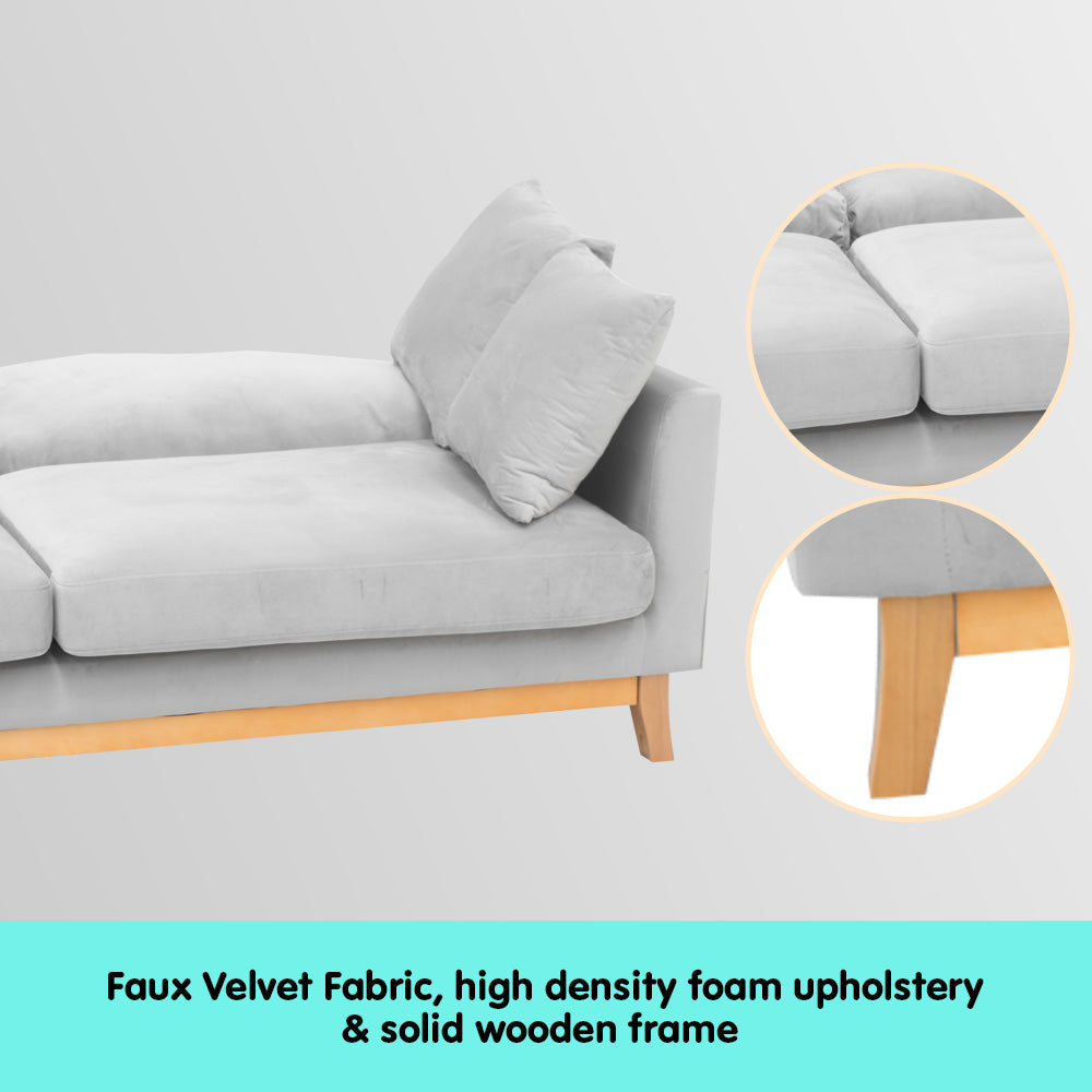 NNEDPE Sarantino 3 Seater Faux Velvet Sofa Bed Couch Furniture Light Grey
